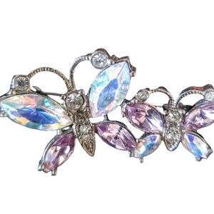 Unmarked 10K Plated Charming Costume Pair of Butterflies Aurora Borealis Brooch